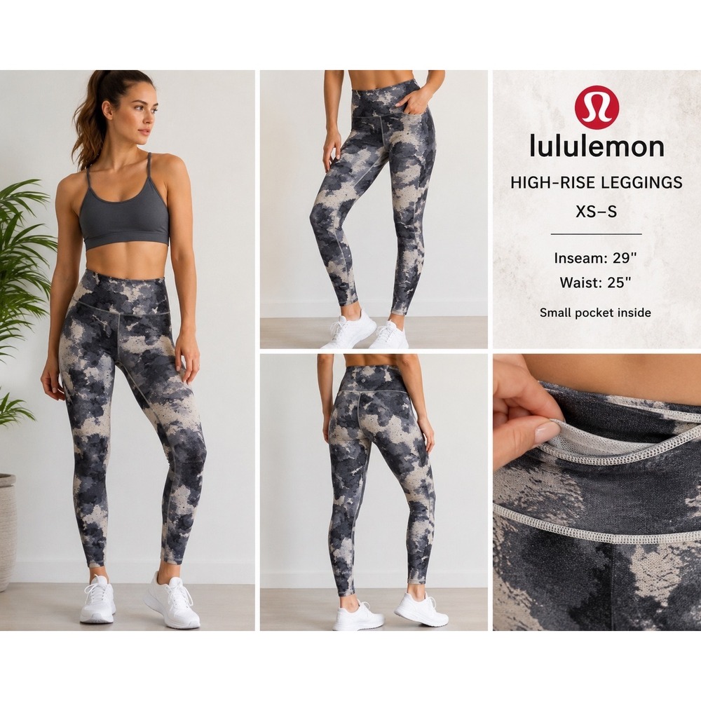 Lululemon High Rise Leggings Grey White Abstract Print Yoga Pants XS S 29 Inseam